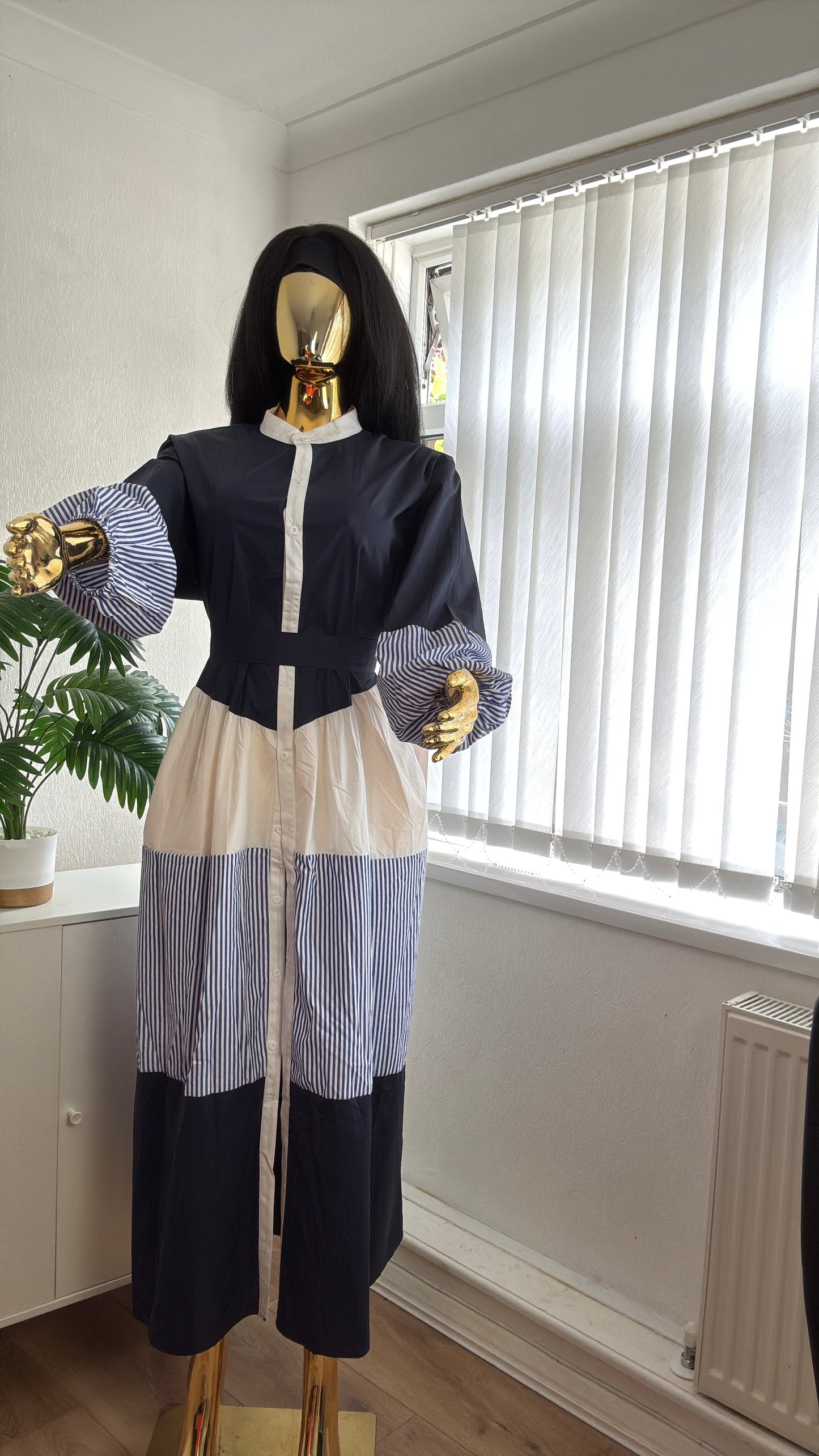 Elegant Navy & White Stripe Maxi Shirt Dress | Modest Long Sleeve Dress | UK 10ā20