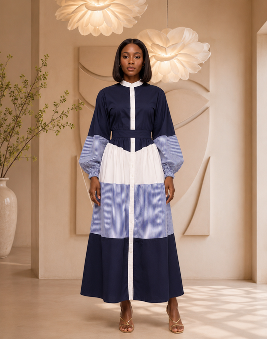 Elegant Navy & White Stripe Maxi Shirt Dress | Modest Long Sleeve Dress | UK 10–20