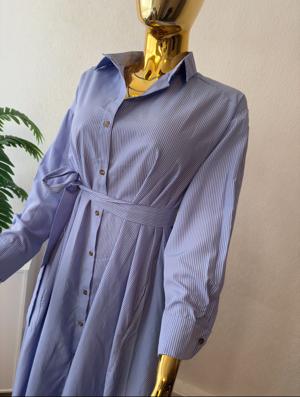 Blue Belted Shirt Maxi Dress