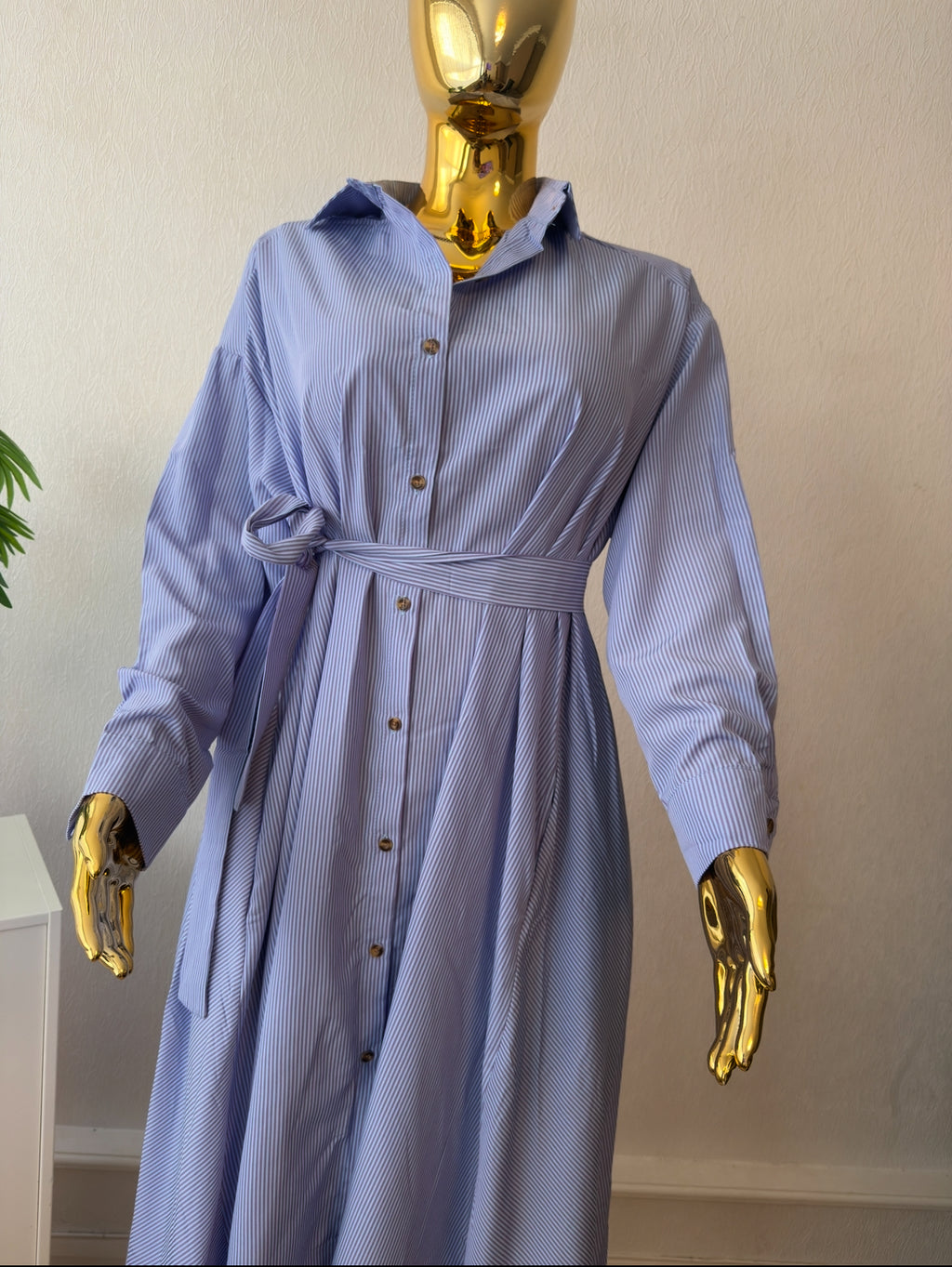 Blue Belted Shirt Maxi Dress