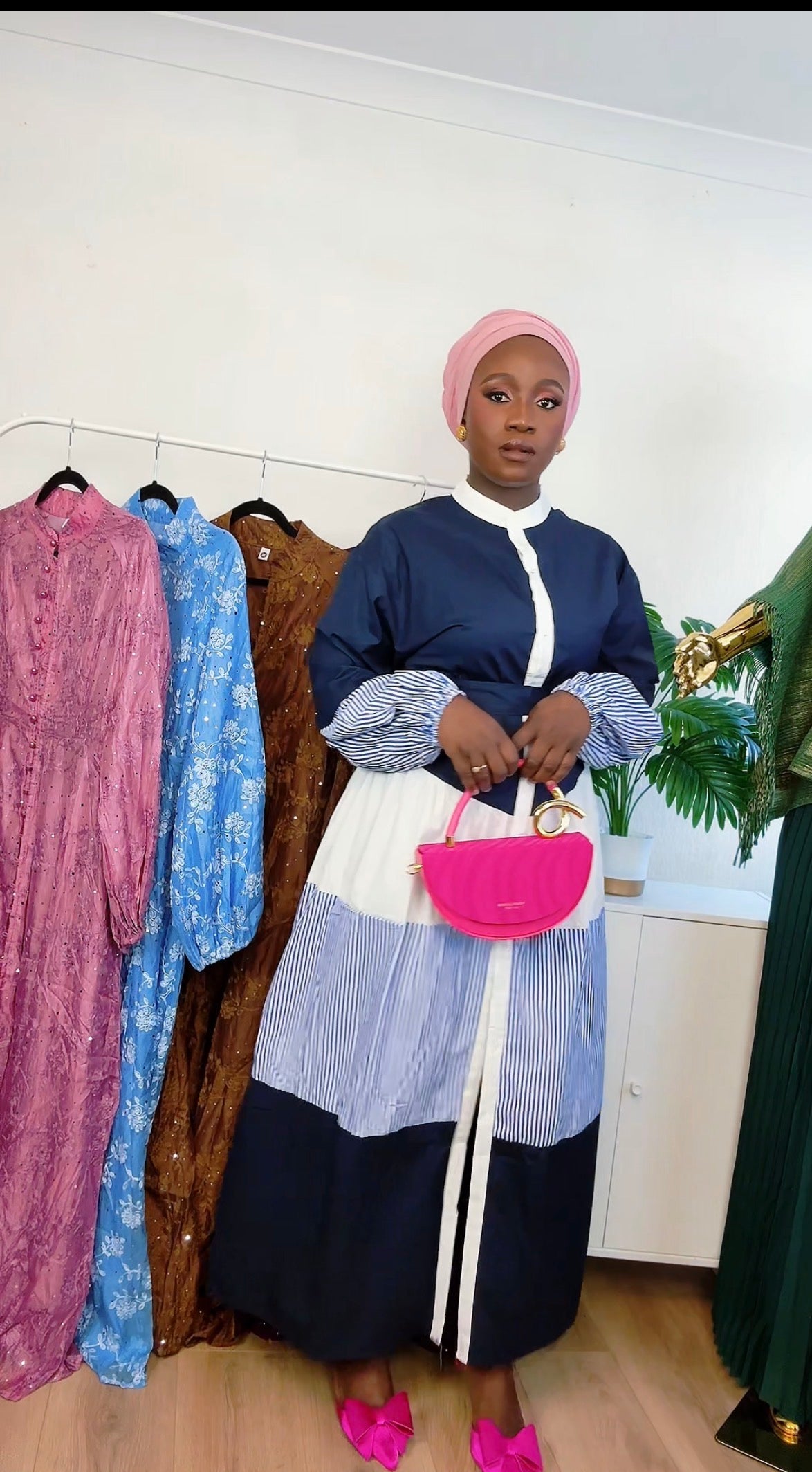 Elegant Navy & White Stripe Maxi Shirt Dress | Modest Long Sleeve Dress | UK 10–20