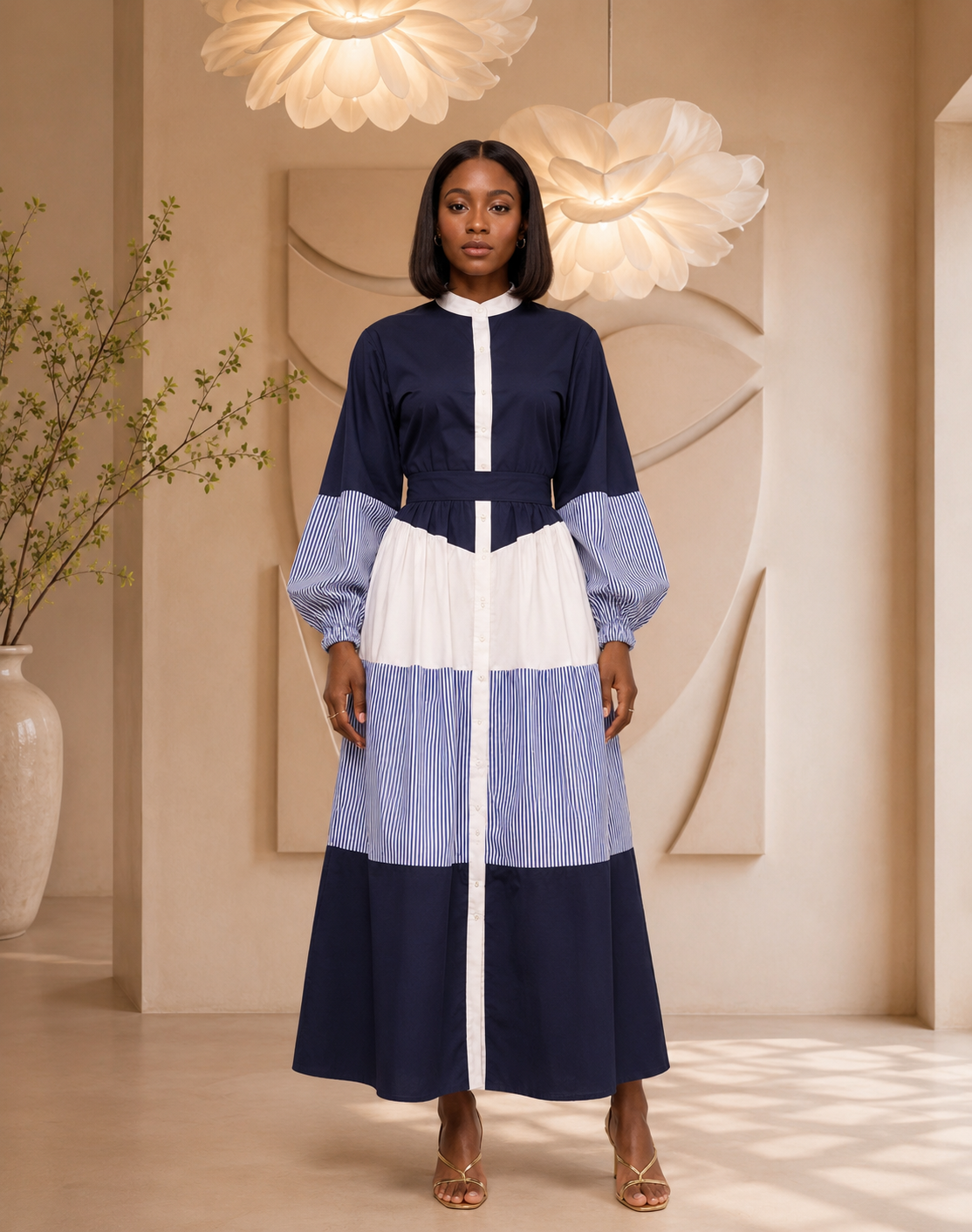 Elegant Navy & White Stripe Maxi Shirt Dress | Modest Long Sleeve Dress | UK 10–20
