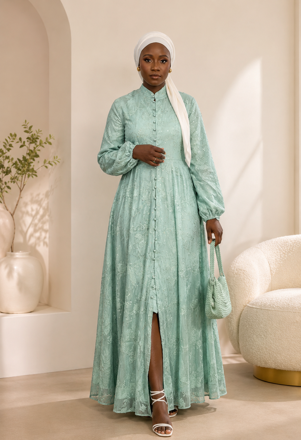 Mint Green Embroidered Maxi Dress | Elegant Modest Occasion Wear