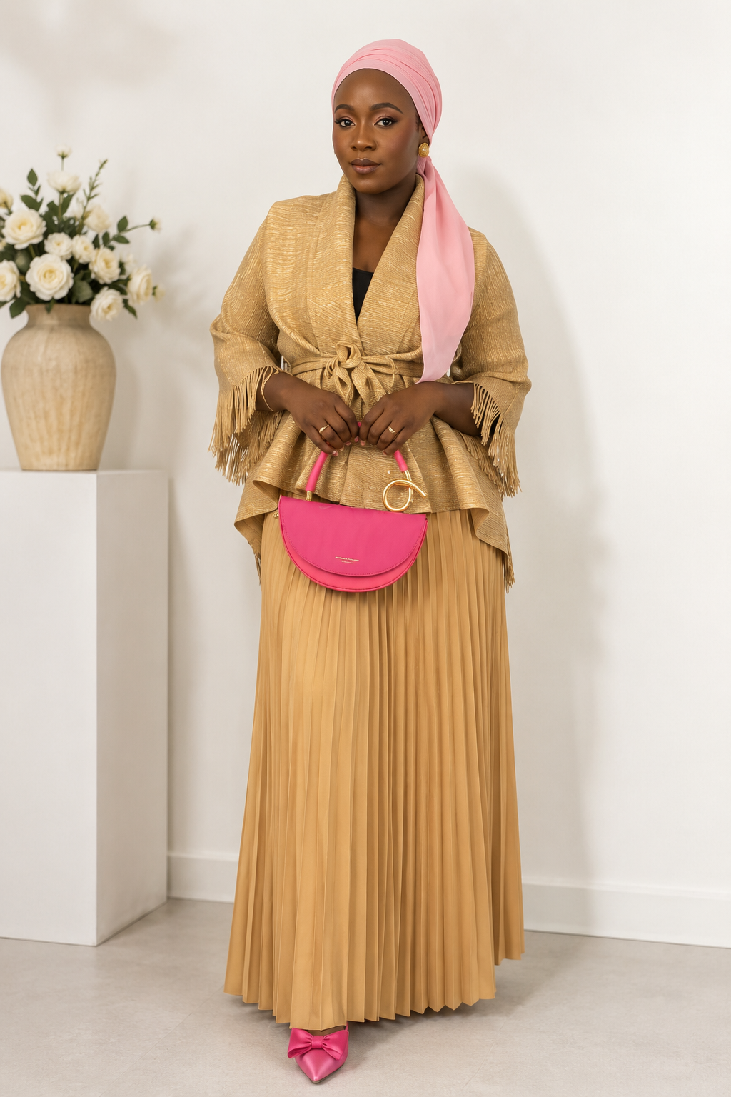 Golden Elegance Pleated Skirt Set