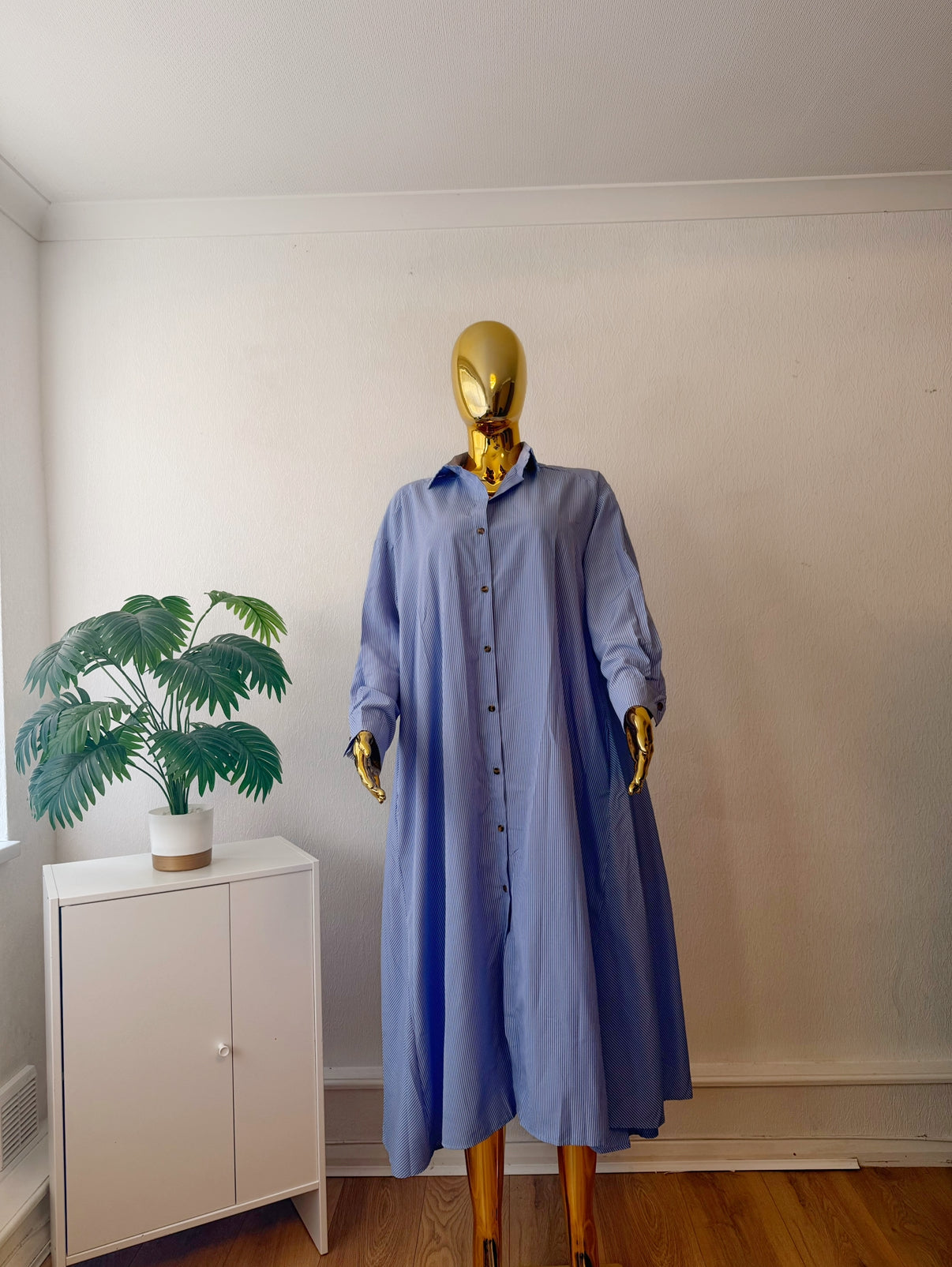 Blue Belted Shirt Maxi Dress