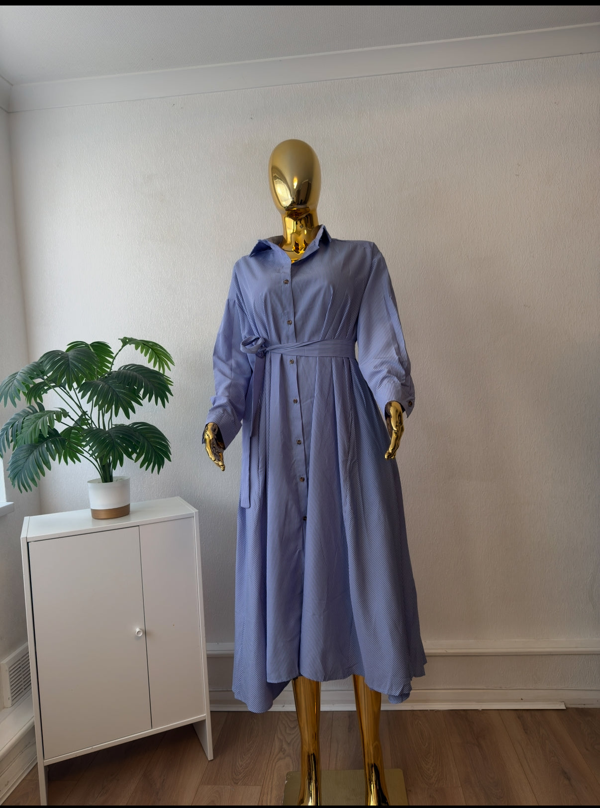 Blue Belted Shirt Maxi Dress