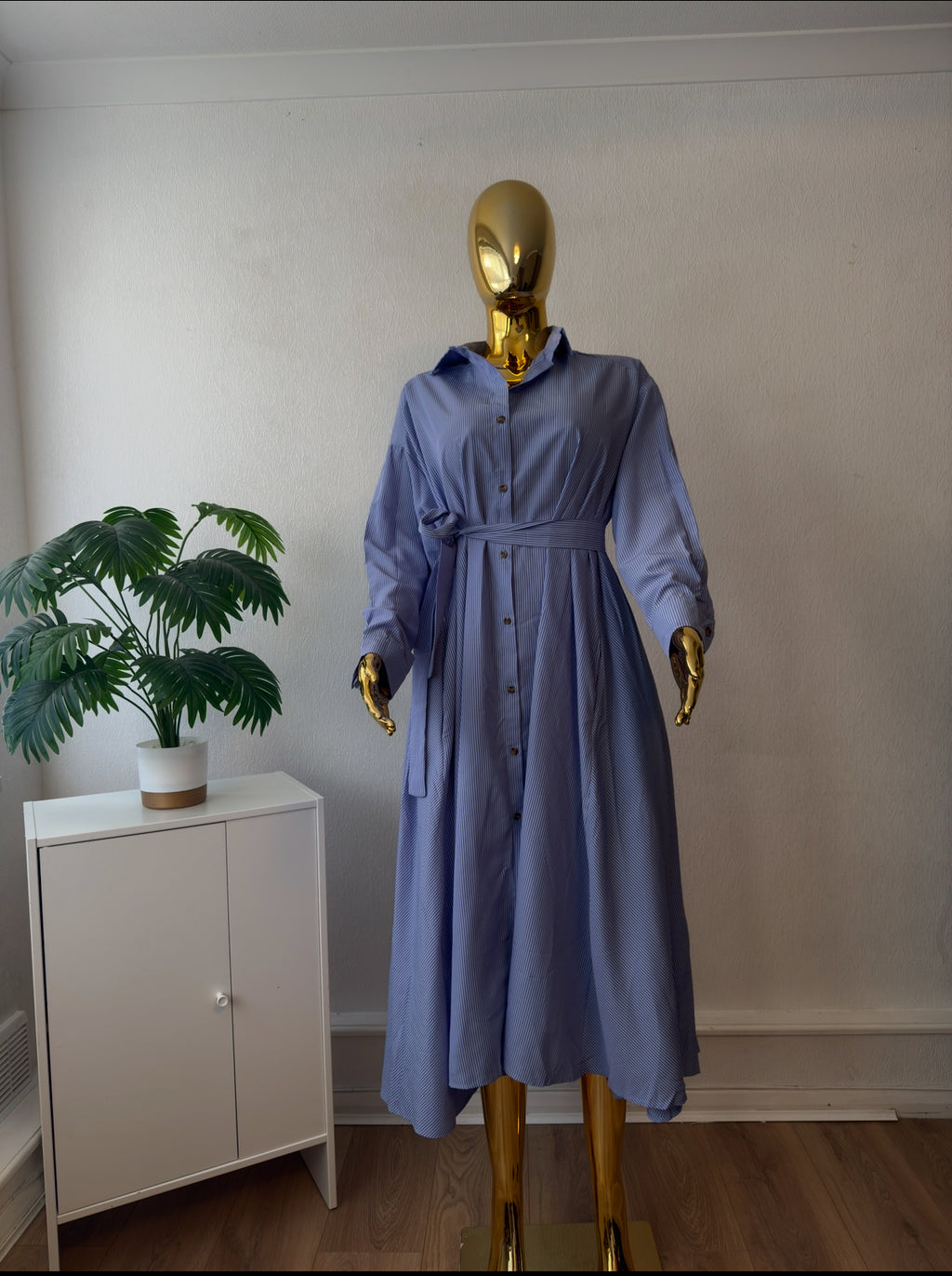 Blue Belted Shirt Maxi Dress